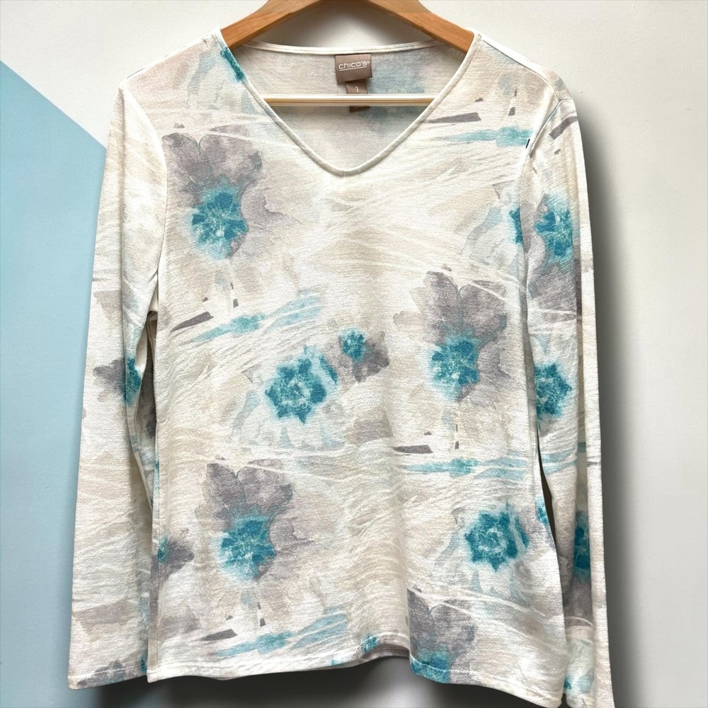 Chicos Watercolor Floral V-Neck Long Sleeve Top Teal Grey Cream Size 1 M